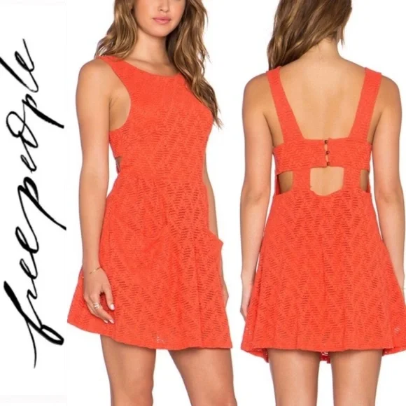 Free People Lace Poppy Mesh Dark Orange Mini Dress - Picture 4 of 11
